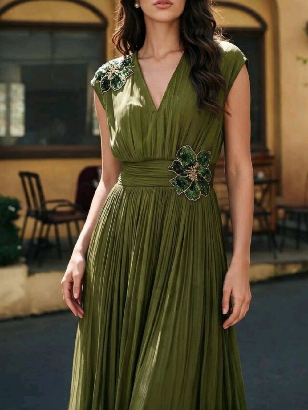 New Metallic Sequin Beaded 3D Flower Maxi Dress Ruched Waist Olive Green